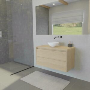 Maatwerk design badkamermeubel, gemaakt van eiken hout fineer of eiken hout massief met een blad van eiken en 1 waskom van Solid Surface. Het front te openen d.m.v. Greeplijst boven