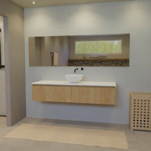 Maatwerk design wastafel onderkast, gemaakt van eiken hout fineer of eiken hout massief met een blad van solid surface en 1 waskom van Solid Surface. Het front te openen d.m.v. Greeplijst boven