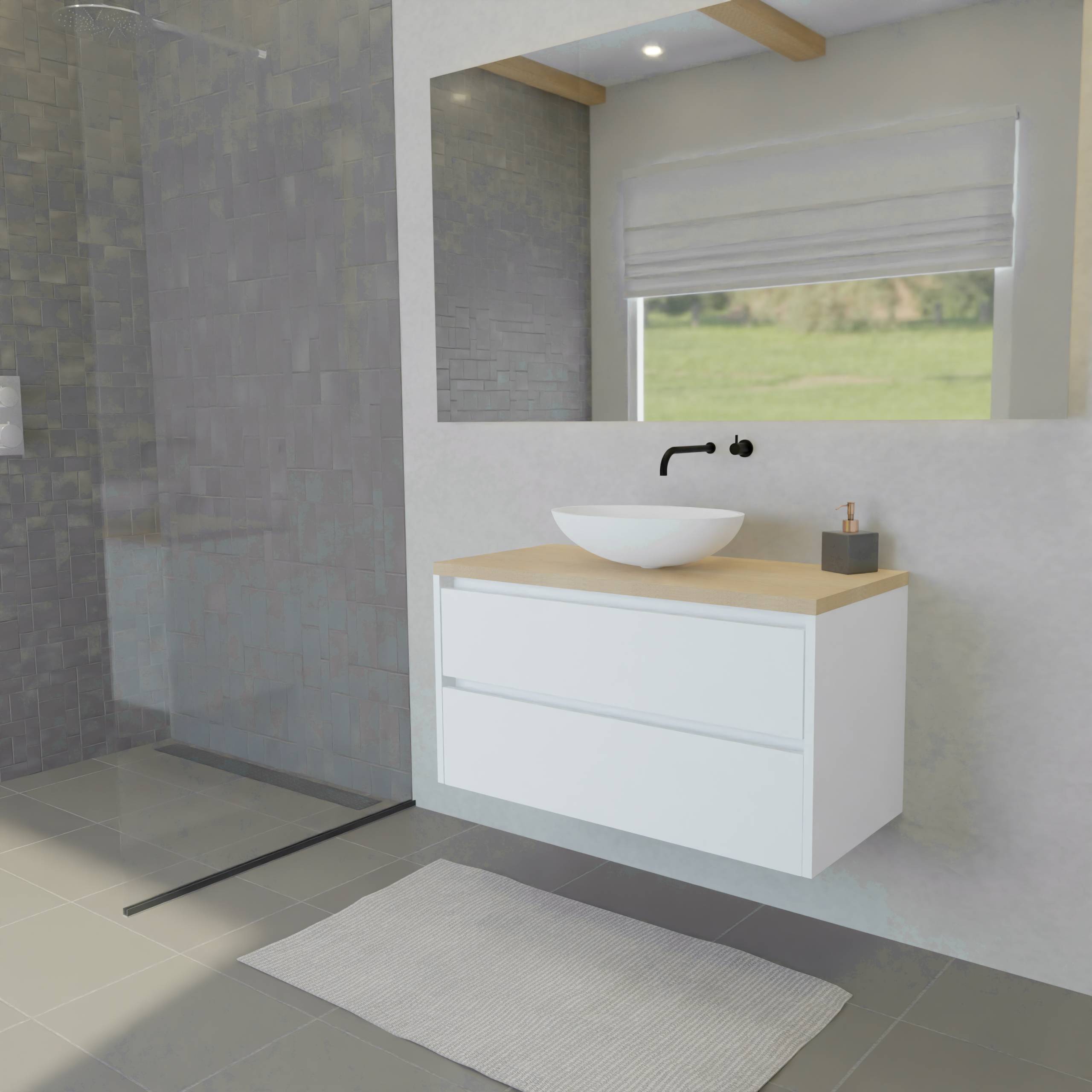 Maatwerk design wastafelkast, gemaakt van Wit melamine of gespoten mdf met een blad van eiken en 1 waskom van Solid Surface. Het front te openen d.m.v. Greeplijst boven en midden