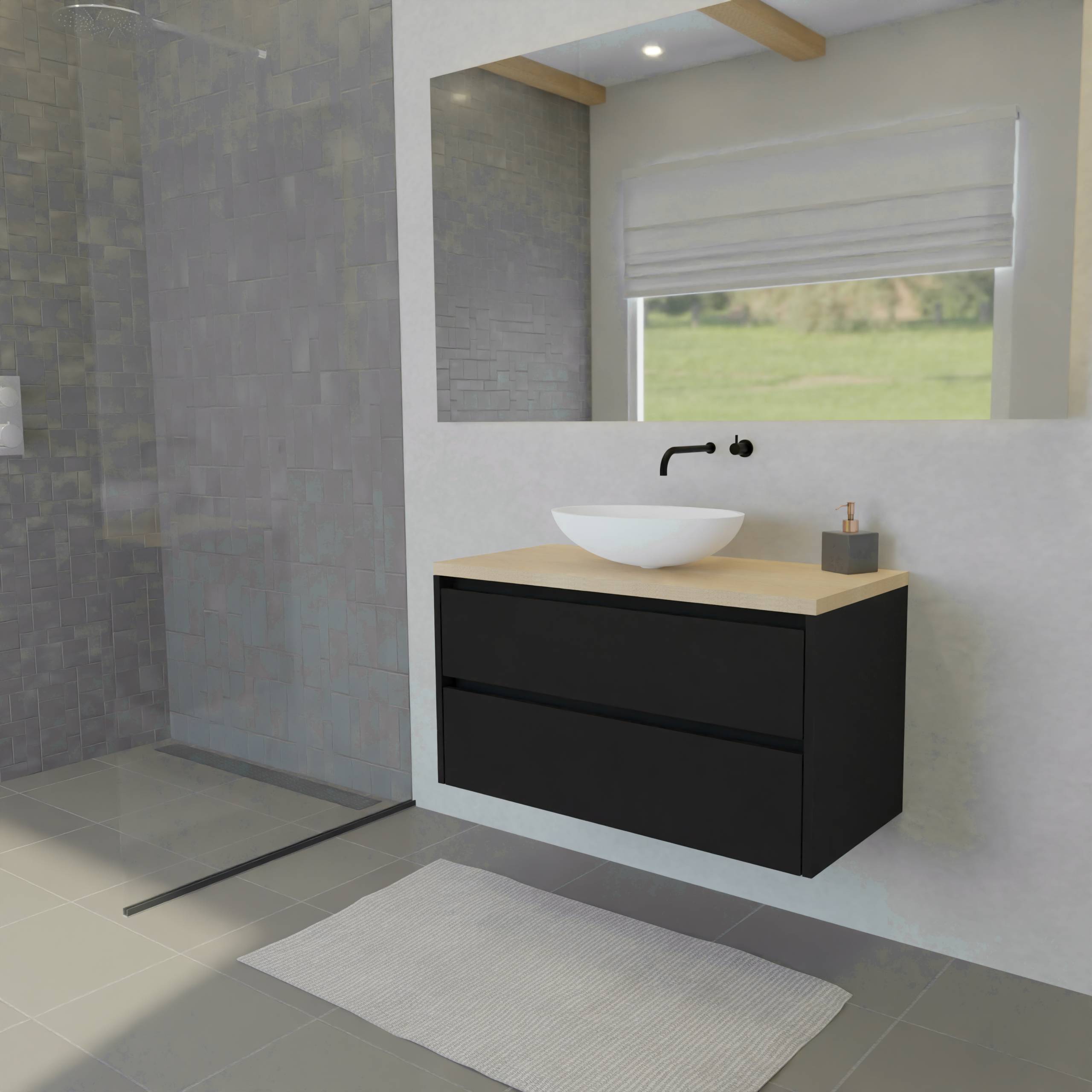 Maatwerk design badkamermeubel, gemaakt van Zwart melamine of gespoten mdf met een blad van eiken en 1 waskom van Solid Surface. Het front te openen d.m.v. Greeplijst boven en midden