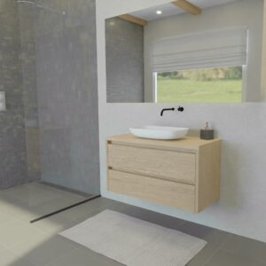 Maatwerk design wastafelmeubel, gemaakt van eiken hout fineer of eiken hout massief met een blad van eiken en 1 waskom van Solid Surface. Het front te openen d.m.v. Greeplijst boven en midden