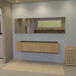 Maatwerk design badkamermeubel, gemaakt van eiken hout fineer of eiken hout massief met een blad van zonder. Het front te openen d.m.v. Greeplijst boven