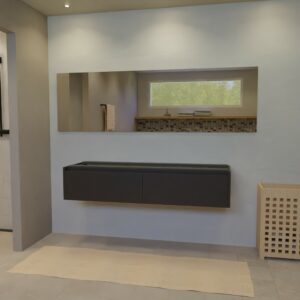 Maatwerk design wastafelkast, gemaakt van Zwart melamine of gespoten mdf met een blad van zonder. Het front te openen d.m.v. Greeplijst boven