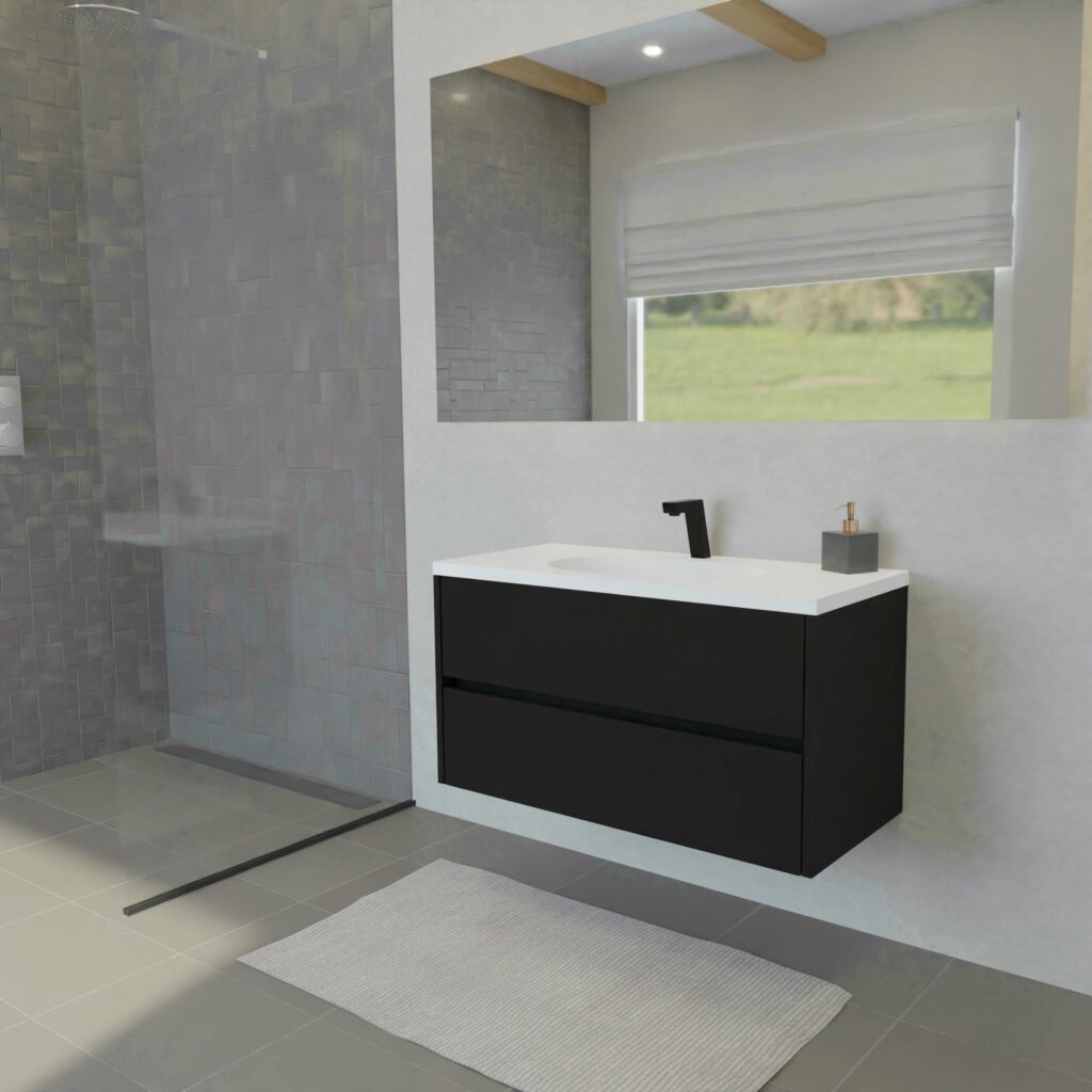 Maatwerk design wastafelkast, gemaakt van Zwart melamine of gespoten mdf met een blad van solid surface en 1 waskom van Solid Surface. Het front te openen d.m.v. Greeplijst midden