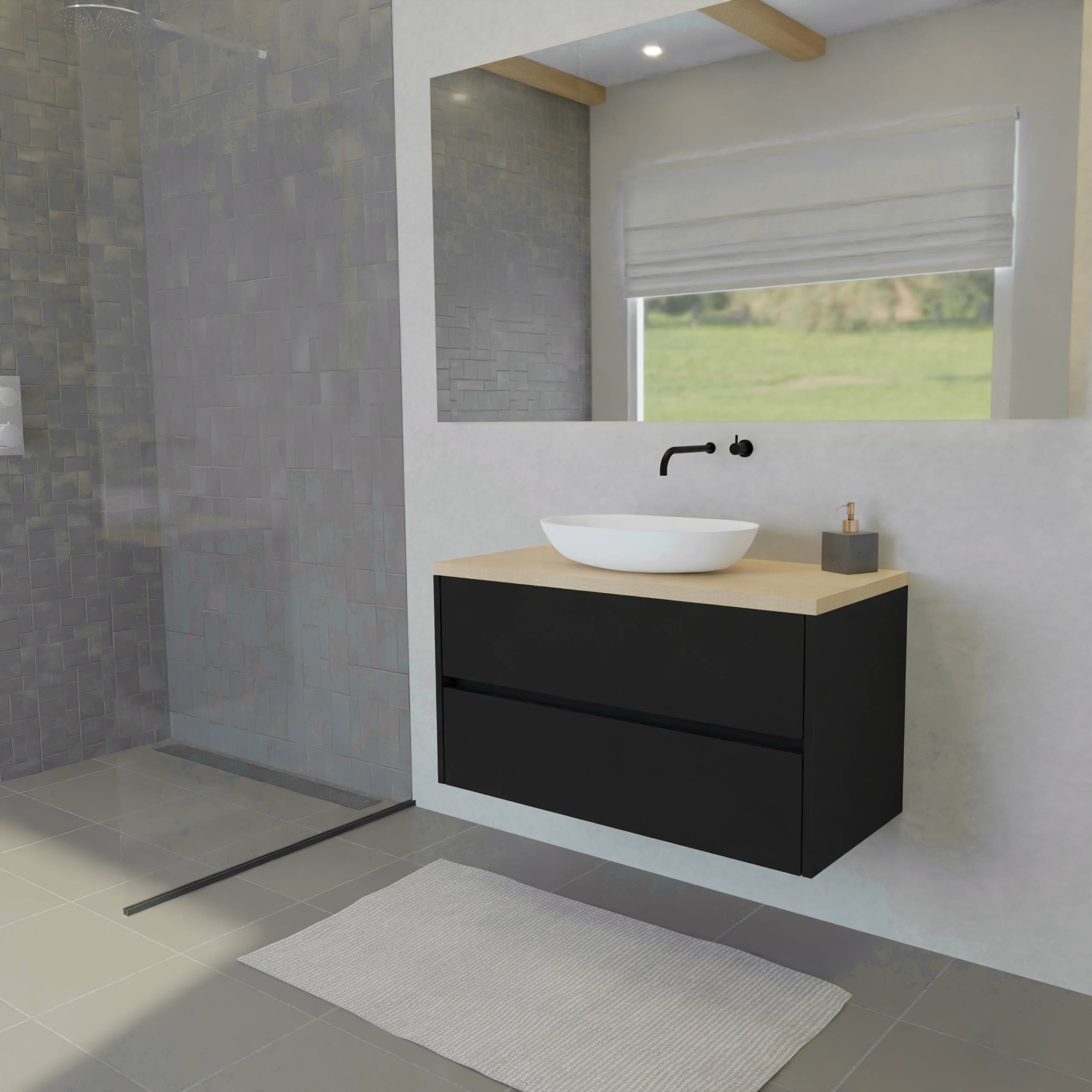 Maatwerk design wastafelmeubel, gemaakt van Zwart melamine of gespoten mdf met een blad van eiken en 1 waskom van Solid Surface. Het front te openen d.m.v. Greeplijst midden