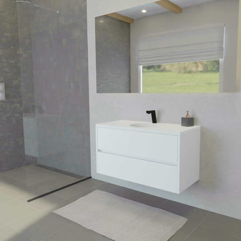Maatwerk design wastafelkast, gemaakt van Wit melamine of gespoten mdf met een blad van solid surface en 1 waskom van Solid Surface. Het front te openen d.m.v. Greeplijst midden