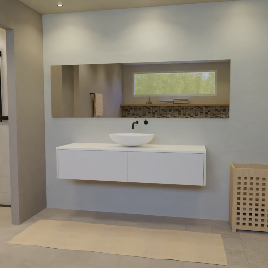 Maatwerk design badmeubel, gemaakt van Wit melamine of gespoten mdf met een blad van solid surface en 1 waskom van Solid Surface. Het front te openen d.m.v. Push to Open