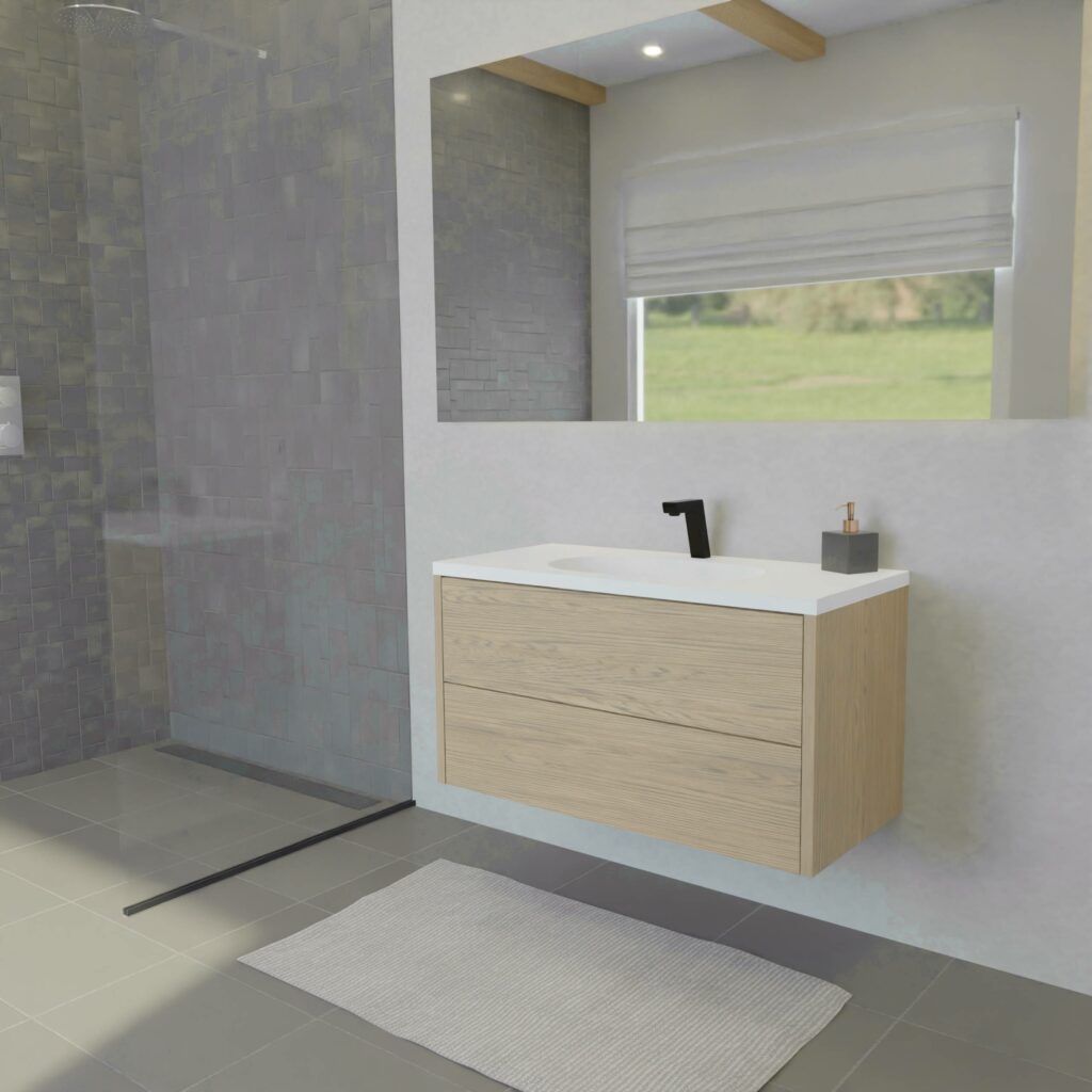Maatwerk design badmeubel, gemaakt van eiken hout fineer of eiken hout massief met een blad van solid surface en 1 waskom van Solid Surface. Het front te openen d.m.v. Push to Open