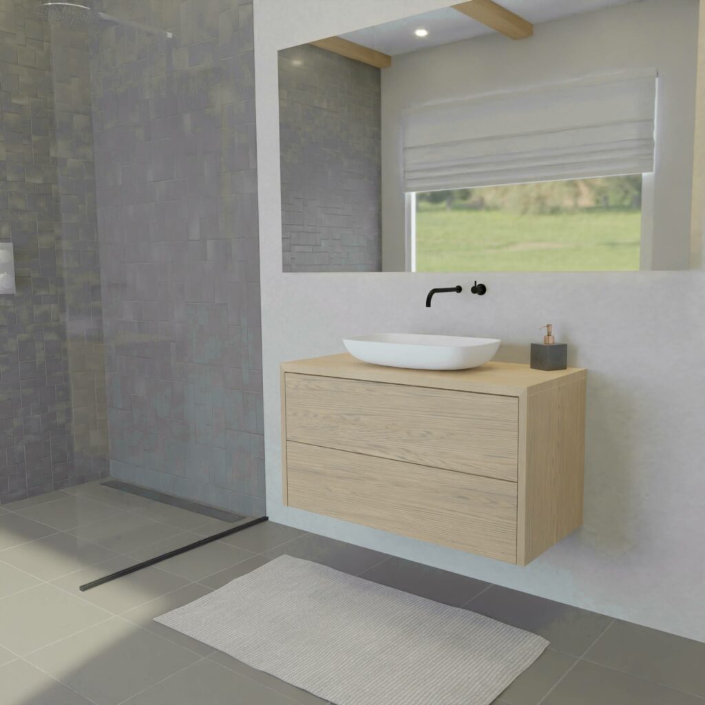 Maatwerk design wastafelkast, gemaakt van eiken hout fineer of eiken hout massief met een blad van eiken en 1 waskom van Solid Surface. Het front te openen d.m.v. Push to Open