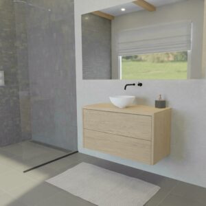 Maatwerk design wastafelmeubel, gemaakt van eiken hout fineer of eiken hout massief met een blad van eiken en 1 waskom van Solid Surface. Het front te openen d.m.v. Push to Open