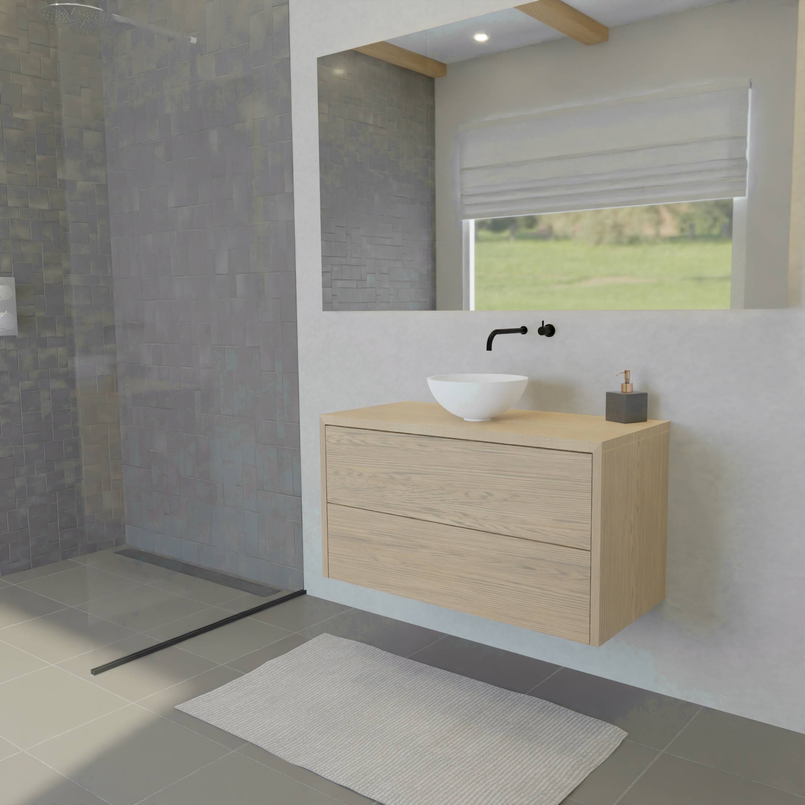 Maatwerk design wastafelmeubel, gemaakt van eiken hout fineer of eiken hout massief met een blad van eiken en 1 waskom van Solid Surface. Het front te openen d.m.v. Push to Open