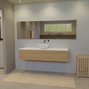 Maatwerk design wastafel onderkast, gemaakt van eiken hout fineer of eiken hout massief met een blad van solid surface en 1 waskom van Solid Surface. Het front te openen d.m.v. Push to Open