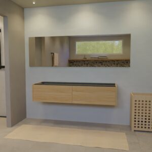 Maatwerk design wastafelkast, gemaakt van eiken hout fineer of eiken hout massief met een blad van zonder. Het front te openen d.m.v. Push to Open