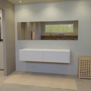 Maatwerk design wastafelkast, gemaakt van Wit melamine of gespoten mdf met een blad van solid surface. Het front te openen d.m.v. Push to Open