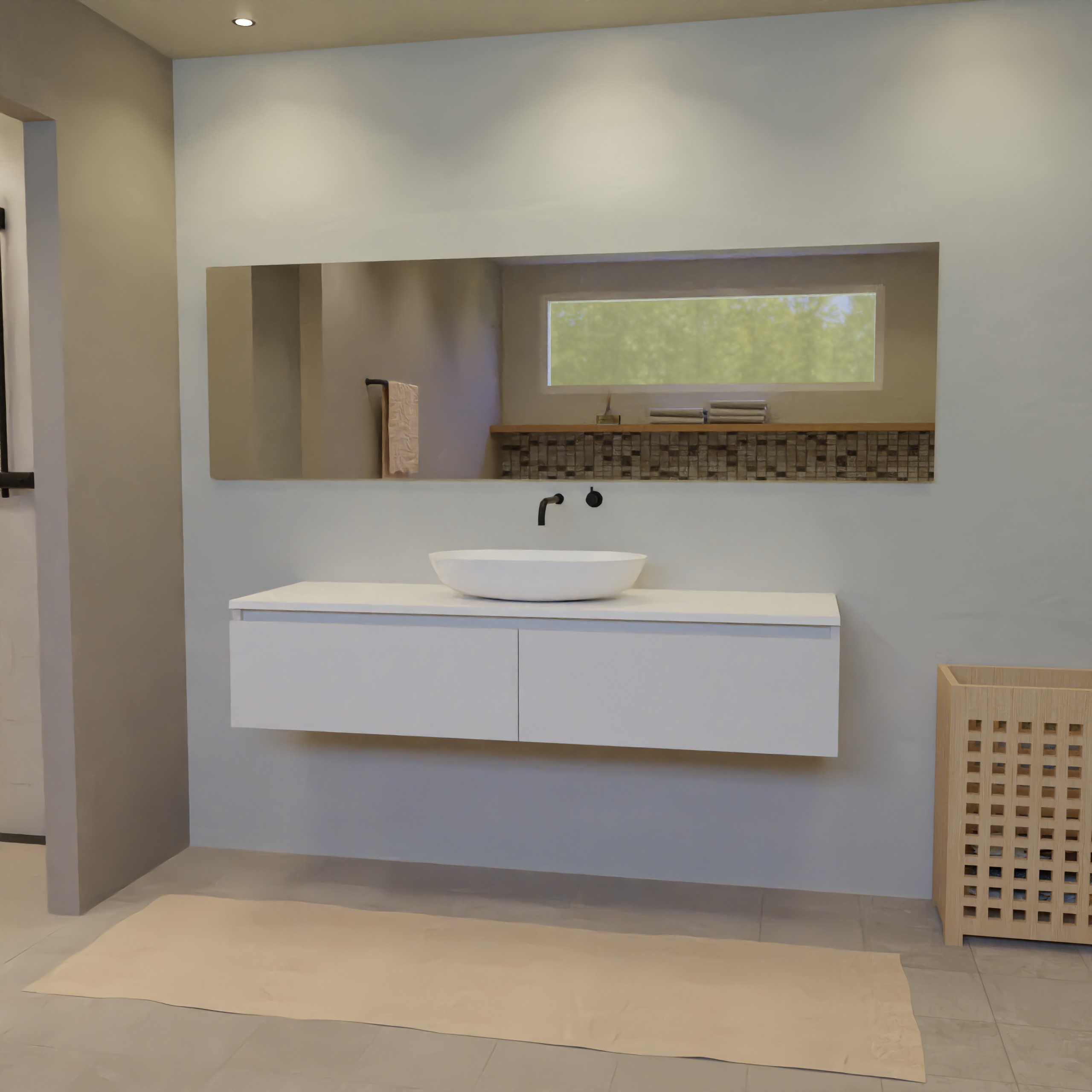 Maatwerk design badmeubel, gemaakt van Wit melamine of gespoten mdf met een blad van solid surface en 1 waskom van Solid Surface. Het front te openen d.m.v. Greeplijst boven