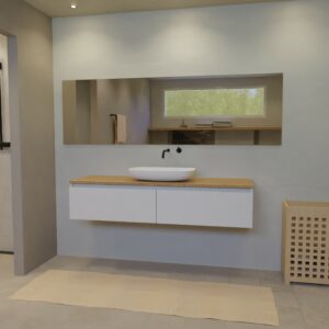 Maatwerk design wastafelmeubel, gemaakt van Wit melamine of gespoten mdf met een blad van eiken en 1 waskom van Solid Surface. Het front te openen d.m.v. Greeplijst boven