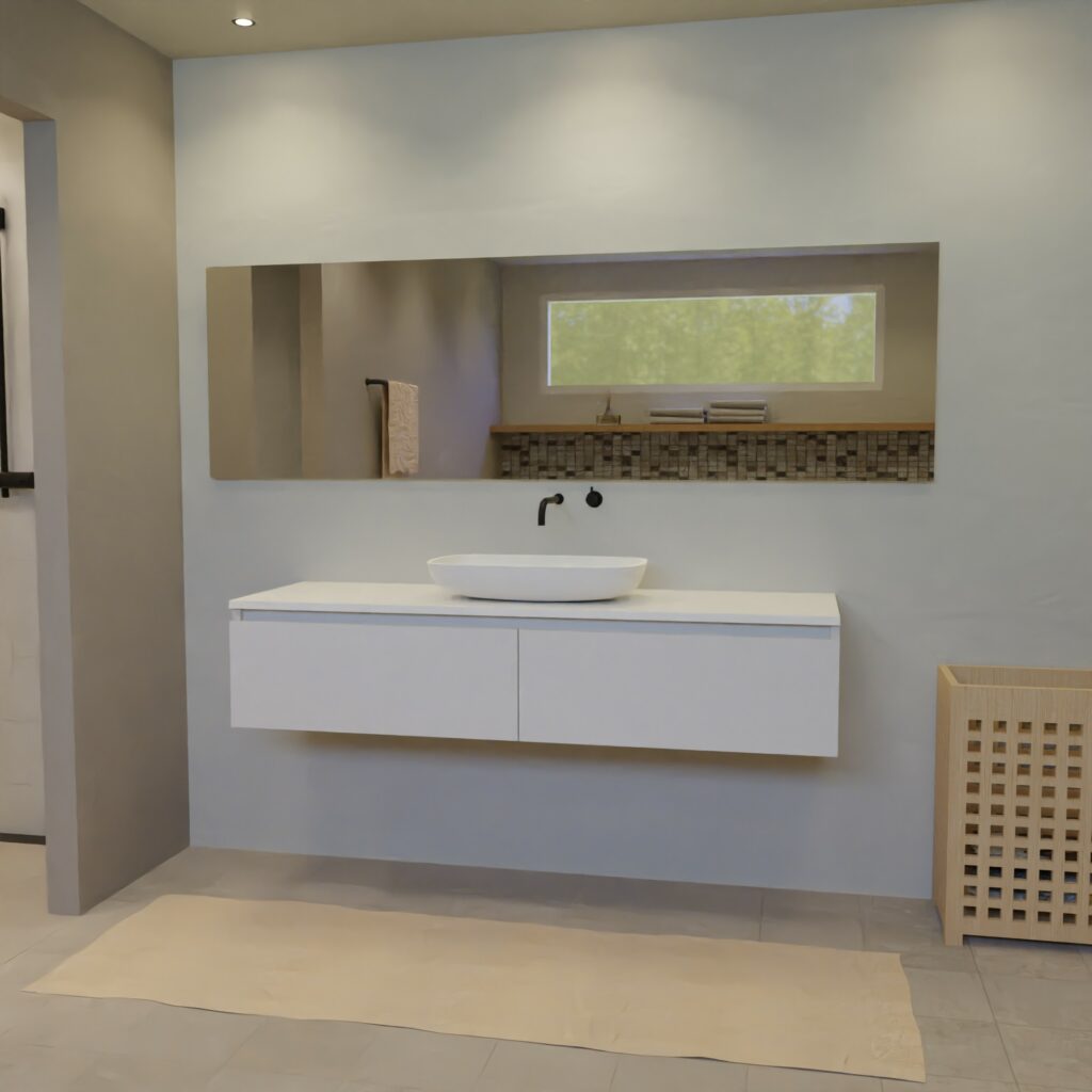 Maatwerk design badmeubel, gemaakt van Wit melamine of gespoten mdf met een blad van solid surface en 1 waskom van Solid Surface. Het front te openen d.m.v. Greeplijst boven