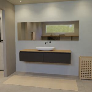 Maatwerk design wastafelkast, gemaakt van Zwart melamine of gespoten mdf met een blad van eiken en 1 waskom van Solid Surface. Het front te openen d.m.v. Greeplijst boven