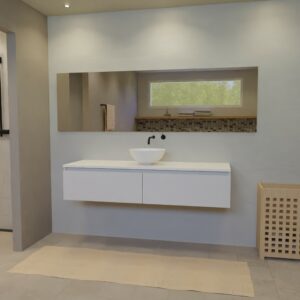 Maatwerk design badmeubel, gemaakt van Wit melamine of gespoten mdf met een blad van solid surface en 1 waskom van Solid Surface. Het front te openen d.m.v. Greeplijst boven