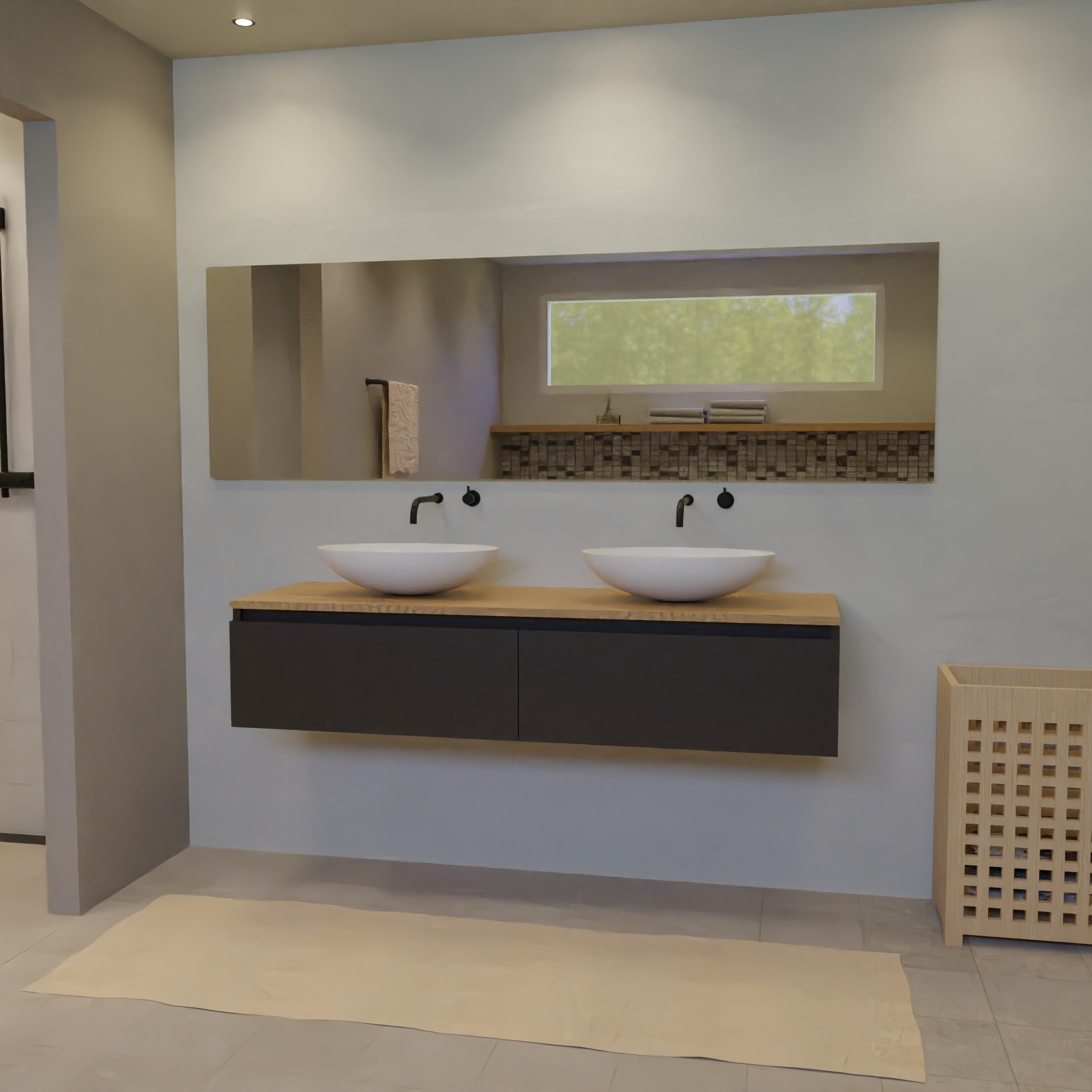 Maatwerk design wastafel onderkast, gemaakt van Zwart melamine of gespoten mdf met een blad van eiken en 2 waskommen van Solid Surface. Het front te openen d.m.v. Greeplijst boven