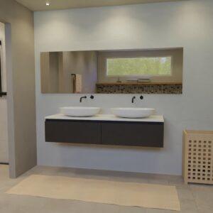 Maatwerk design badkamermeubel, gemaakt van Zwart melamine of gespoten mdf met een blad van solid surface en 2 waskommen van Solid Surface. Het front te openen d.m.v. Greeplijst boven