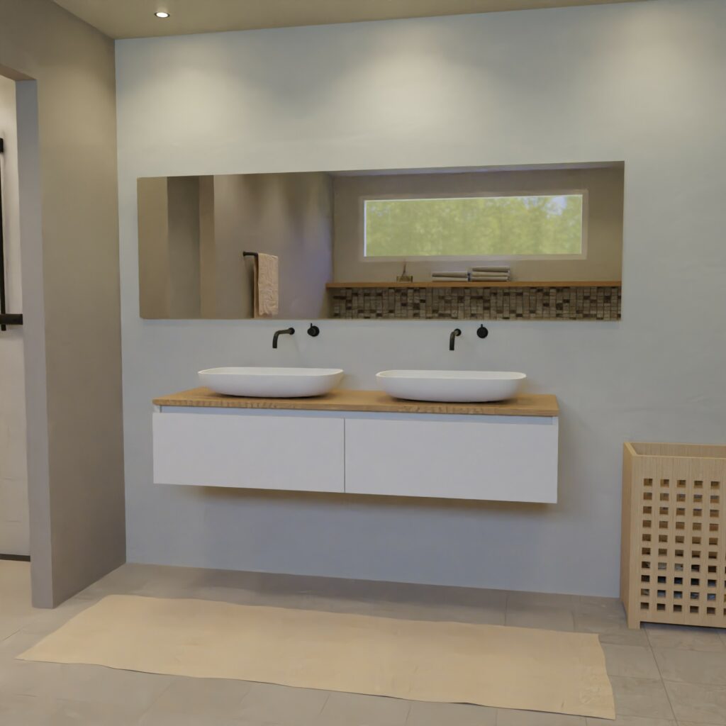 Maatwerk design wastafelkast, gemaakt van Wit melamine of gespoten mdf met een blad van eiken en 2 waskommen van Solid Surface. Het front te openen d.m.v. Greeplijst boven