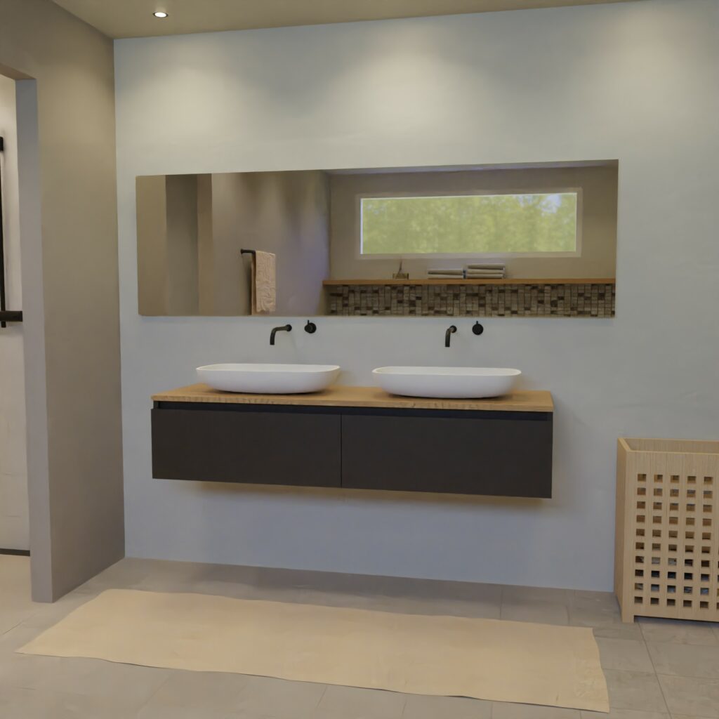 Maatwerk design badmeubel, gemaakt van Zwart melamine of gespoten mdf met een blad van eiken en 2 waskommen van Solid Surface. Het front te openen d.m.v. Greeplijst boven