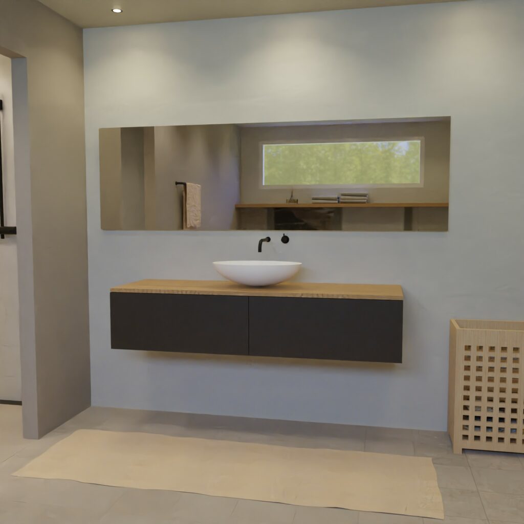 Maatwerk design badmeubel, gemaakt van Zwart melamine of gespoten mdf met een blad van eiken en 1 waskom van Solid Surface. Het front te openen d.m.v. Push to Open