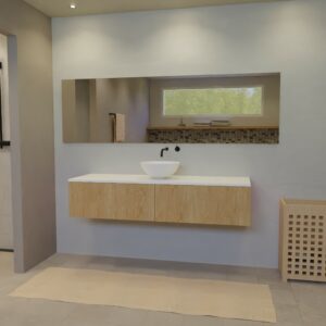 Maatwerk design wastafelmeubel, gemaakt van eiken hout fineer of eiken hout massief met een blad van solid surface en 1 waskom van Solid Surface. Het front te openen d.m.v. Push to Open