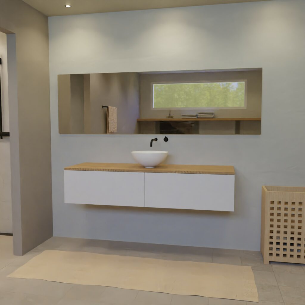 Maatwerk design wastafelmeubel, gemaakt van Wit melamine of gespoten mdf met een blad van eiken en 1 waskom van Solid Surface. Het front te openen d.m.v. Push to Open