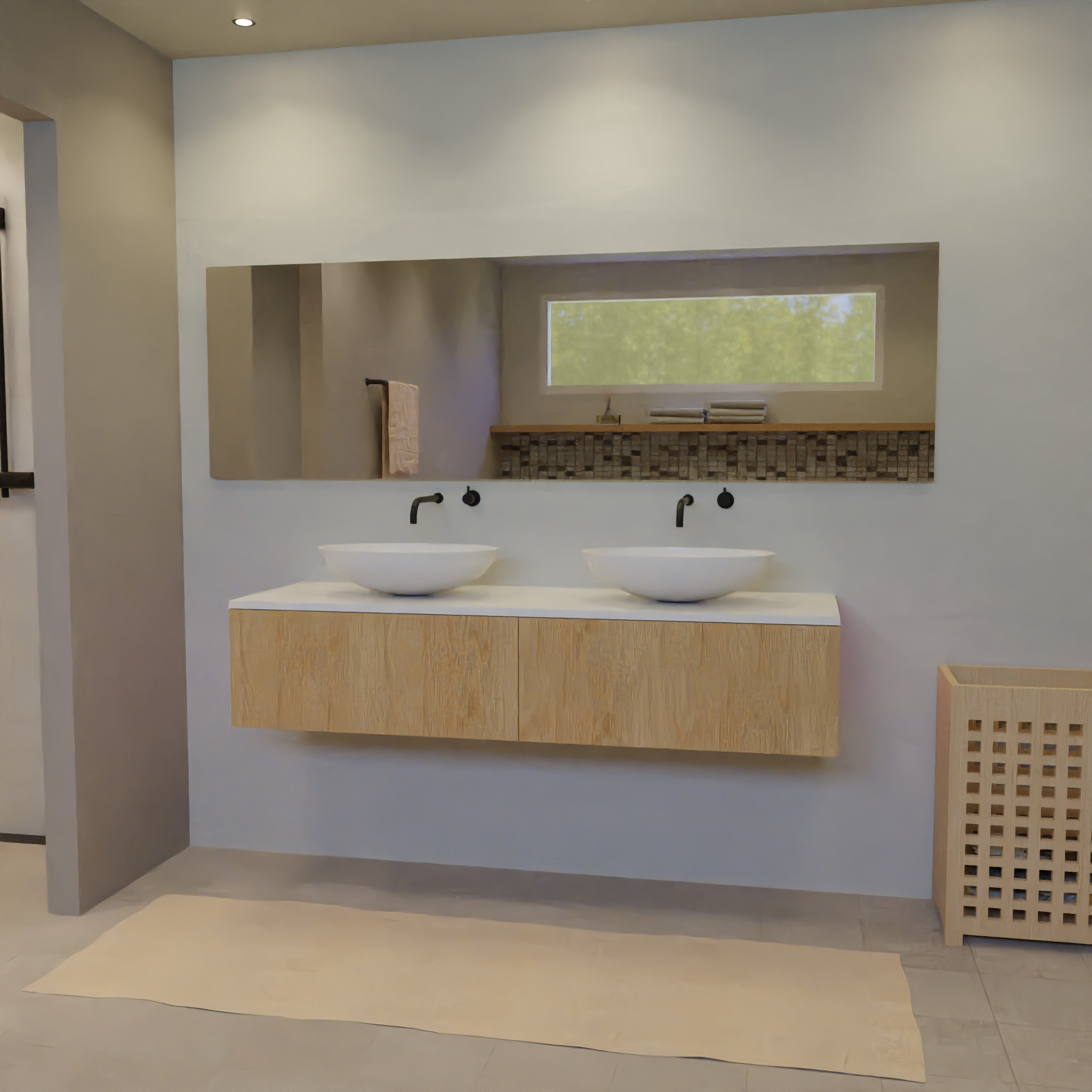 Maatwerk design badkamermeubel, gemaakt van eiken hout fineer of eiken hout massief met een blad van solid surface en 2 waskommen van Solid Surface. Het front te openen d.m.v. Push to Open