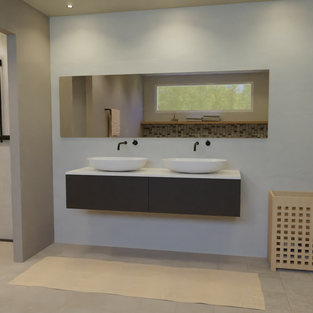 Maatwerk design badkamermeubel, gemaakt van Zwart melamine of gespoten mdf met een blad van solid surface en 2 waskommen van Solid Surface. Het front te openen d.m.v. Push to Open