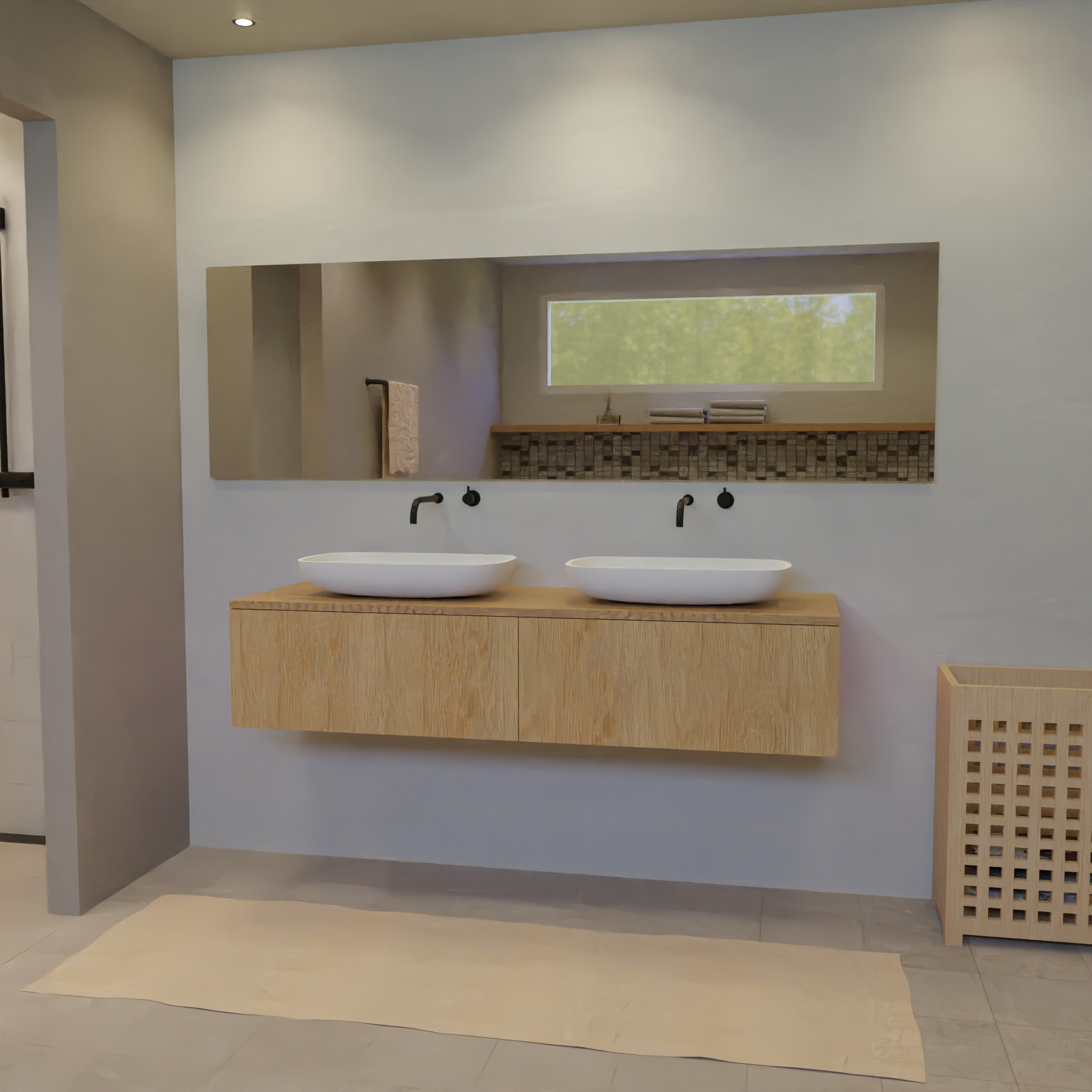 Maatwerk design wastafelkast, gemaakt van eiken hout fineer of eiken hout massief met een blad van eiken en 2 waskommen van Solid Surface. Het front te openen d.m.v. Push to Open