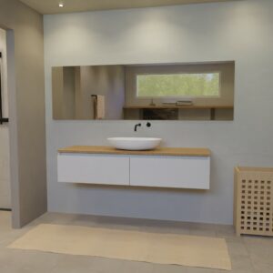 Maatwerk design wastafelmeubel, gemaakt van Wit melamine of gespoten mdf met een blad van eiken en 1 waskom van Solid Surface. Het front te openen d.m.v. Greeplijst boven