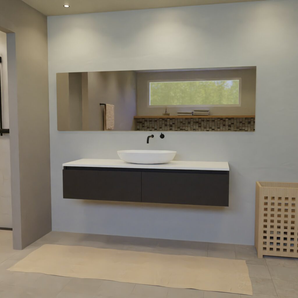 Maatwerk design wastafelkast, gemaakt van Zwart melamine of gespoten mdf met een blad van solid surface en 1 waskom van Solid Surface. Het front te openen d.m.v. Greeplijst boven