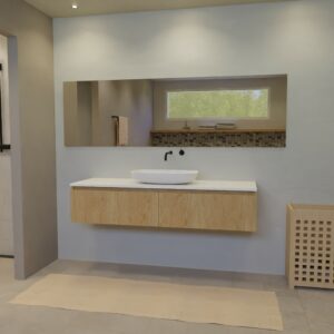 Maatwerk design badkamermeubel, gemaakt van eiken hout fineer of eiken hout massief met een blad van solid surface en 1 waskom van Solid Surface. Het front te openen d.m.v. Greeplijst boven