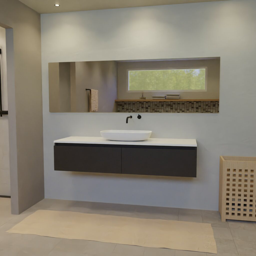 Maatwerk design wastafelmeubel, gemaakt van Zwart melamine of gespoten mdf met een blad van solid surface en 1 waskom van Solid Surface. Het front te openen d.m.v. Greeplijst boven