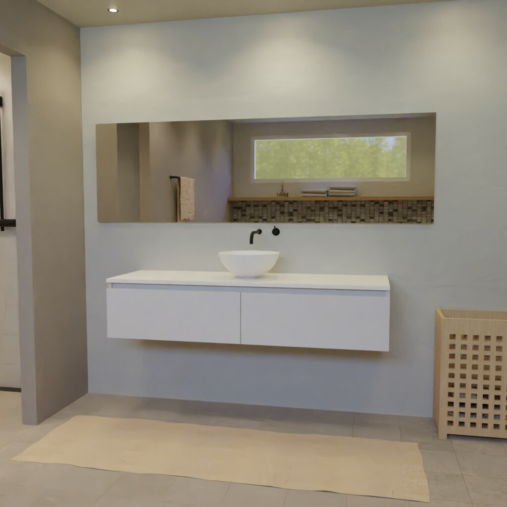 Maatwerk design wastafelmeubel, gemaakt van Wit melamine of gespoten mdf met een blad van solid surface en 1 waskom van Solid Surface. Het front te openen d.m.v. Greeplijst boven