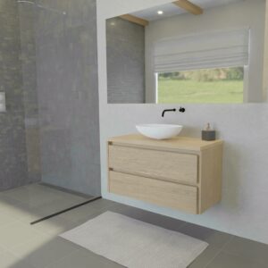 Maatwerk design badmeubel, gemaakt van eiken hout fineer of eiken hout massief met een blad van eiken en 1 waskom van Solid Surface. Het front te openen d.m.v. Greeplijst boven en midden