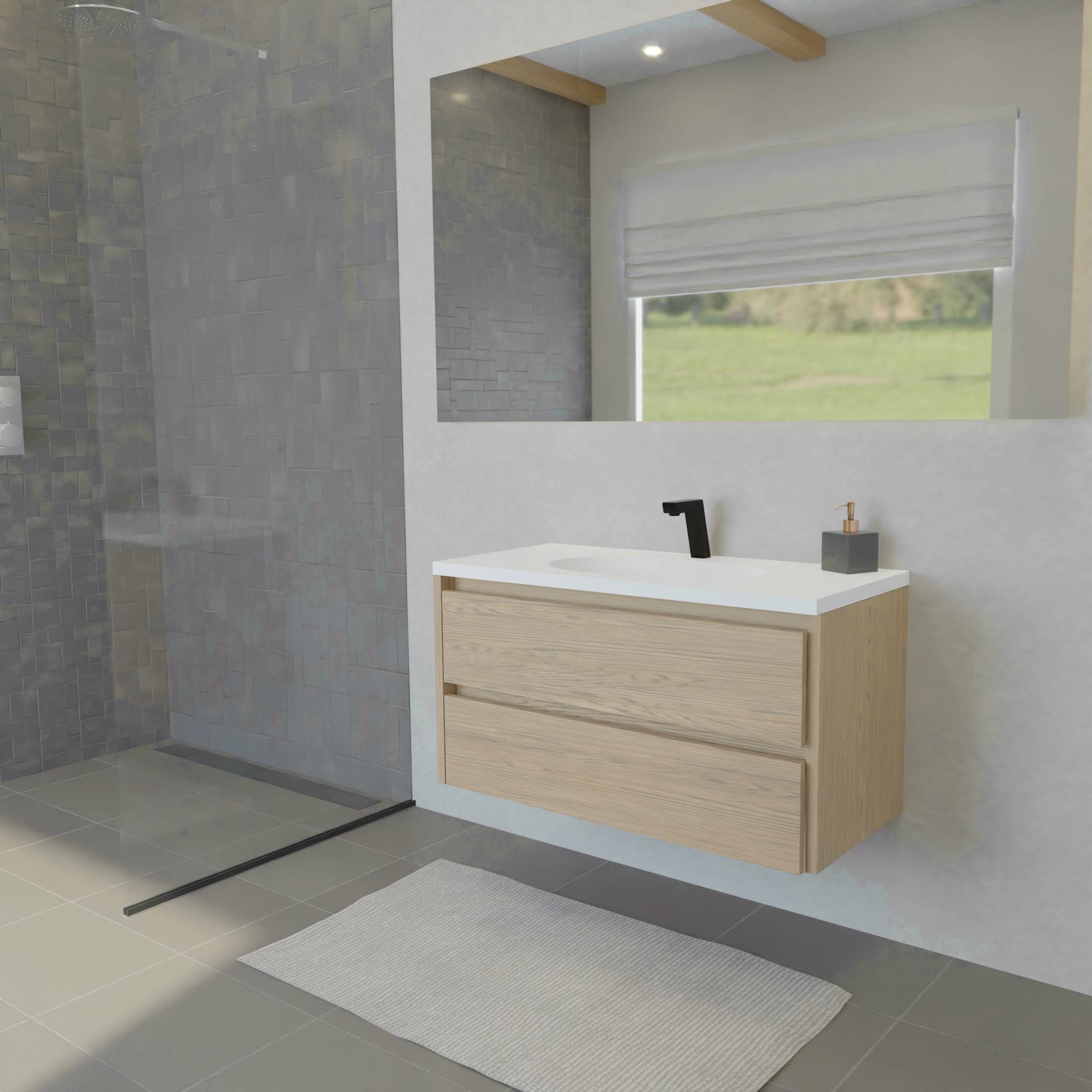 Maatwerk design wastafelmeubel, gemaakt van eiken hout fineer of eiken hout massief met een blad van solid surface en 1 waskom van Solid Surface. Het front te openen d.m.v. Greeplijst boven en midden