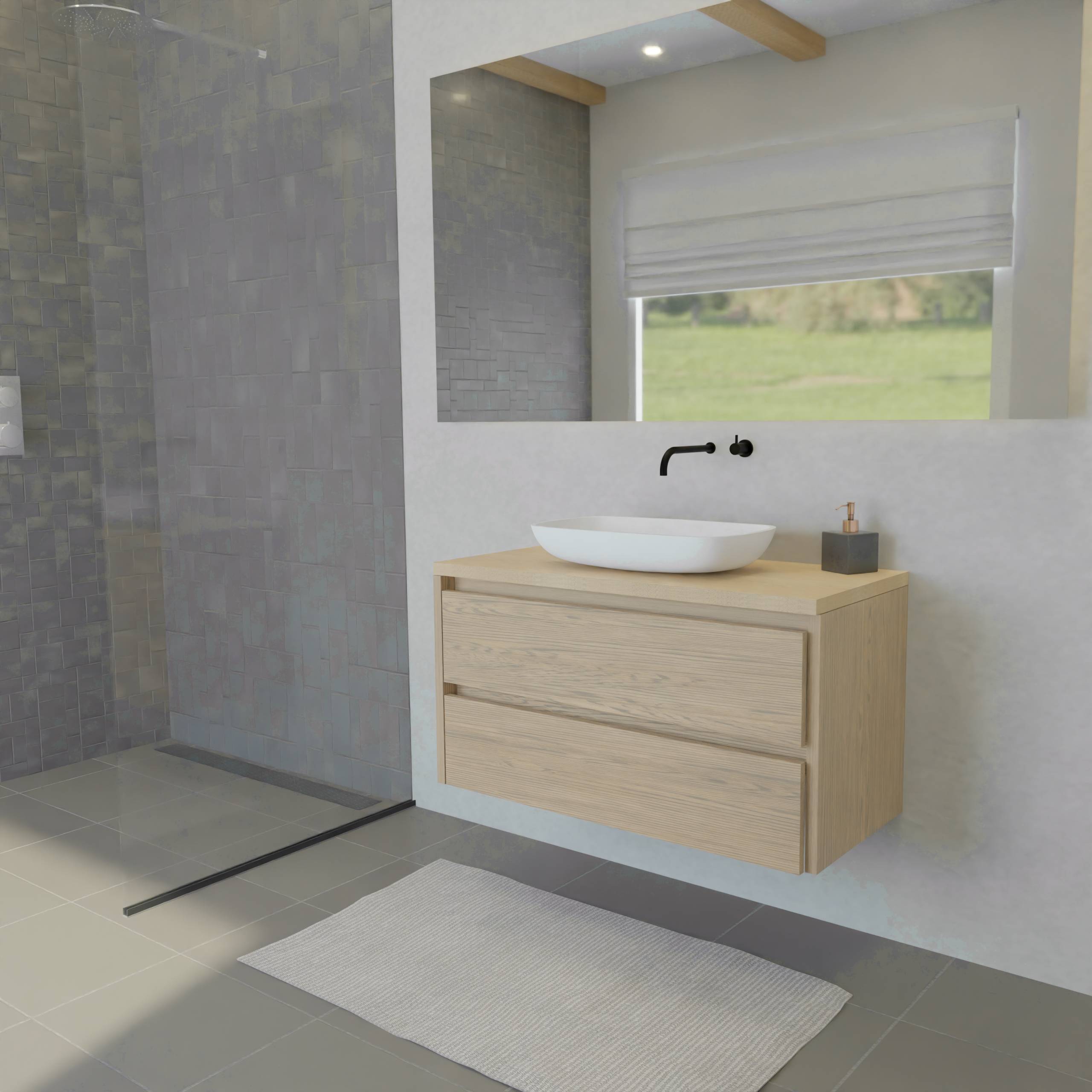 Maatwerk design wastafelmeubel, gemaakt van eiken hout fineer of eiken hout massief met een blad van eiken en 1 waskom van Solid Surface. Het front te openen d.m.v. Greeplijst boven en midden