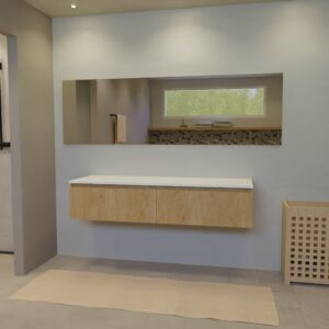 Maatwerk design wastafelkast, gemaakt van eiken hout fineer of eiken hout massief met een blad van solid surface. Het front te openen d.m.v. Greeplijst boven