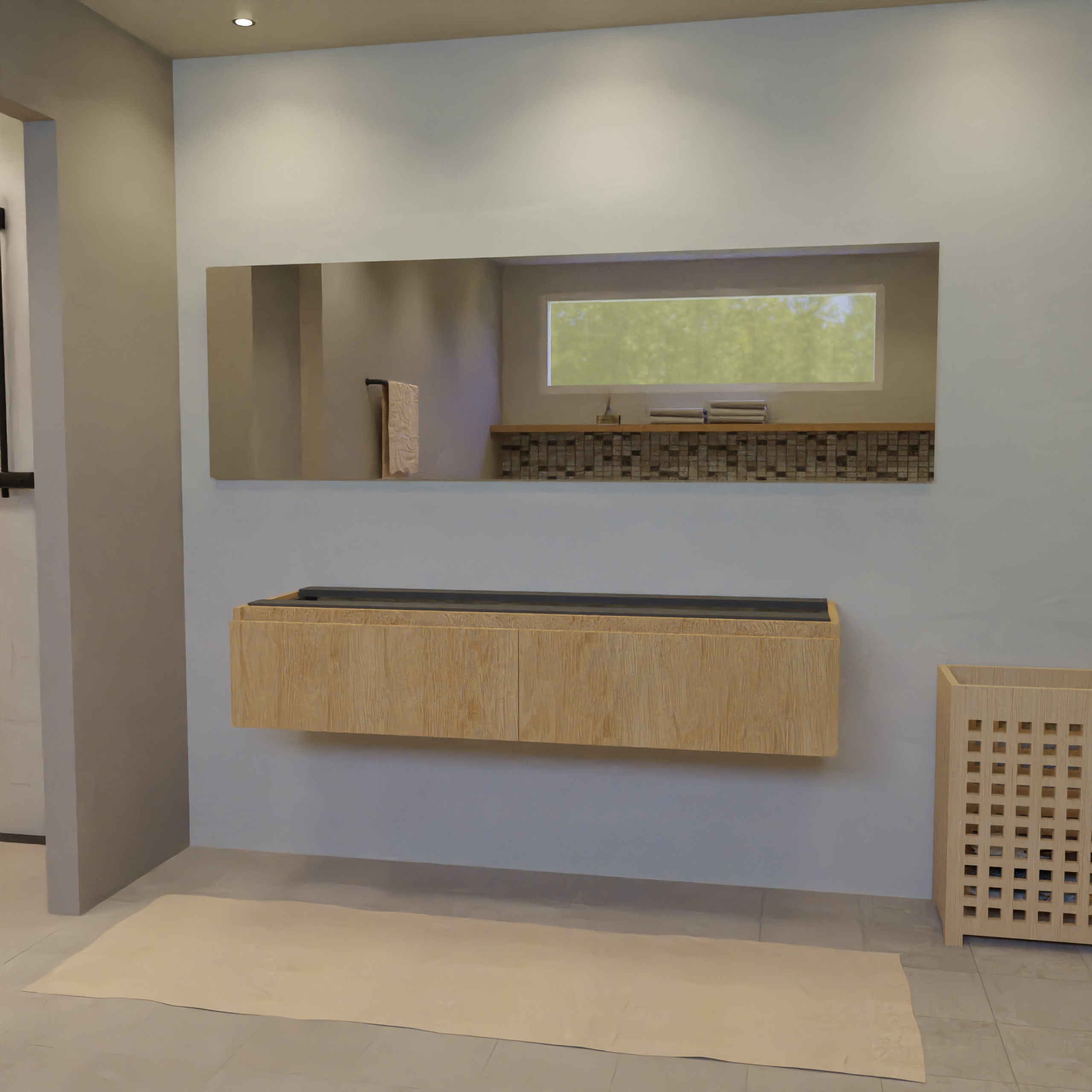 Maatwerk design badkamermeubel, gemaakt van eiken hout fineer of eiken hout massief met een blad van zonder. Het front te openen d.m.v. Greeplijst boven