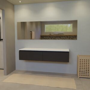 Maatwerk design badmeubel, gemaakt van Zwart melamine of gespoten mdf met een blad van solid surface. Het front te openen d.m.v. Greeplijst boven