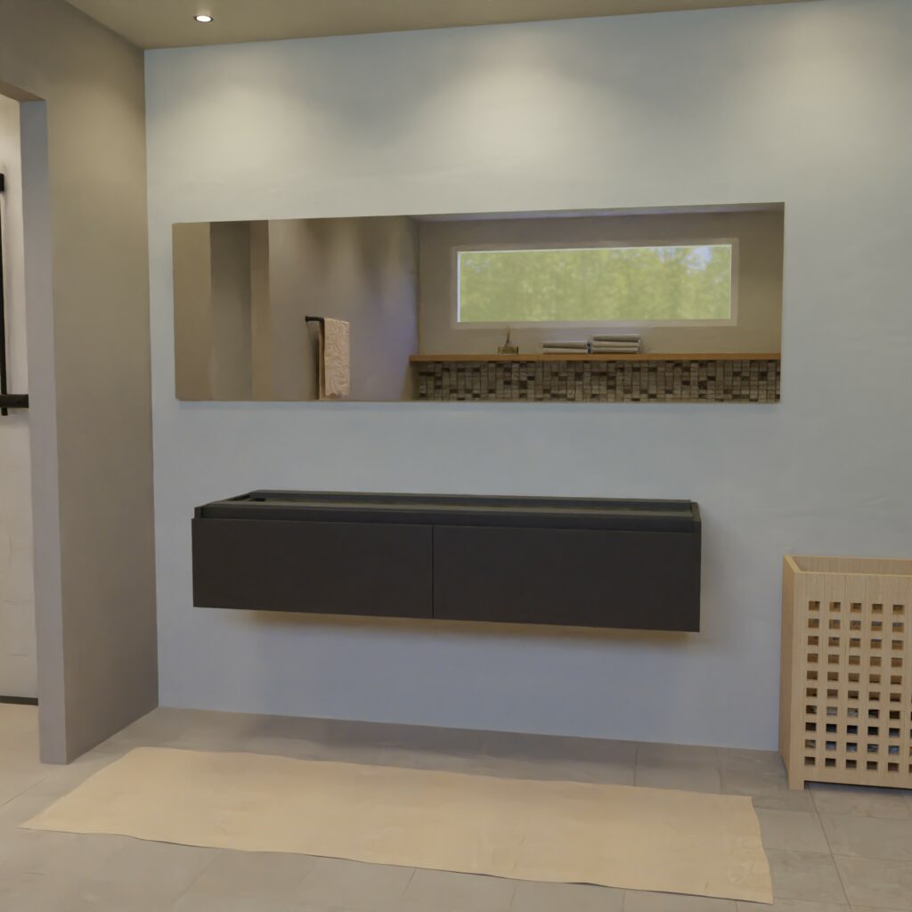 Maatwerk design badkamermeubel, gemaakt van Zwart melamine of gespoten mdf met een blad van zonder. Het front te openen d.m.v. Greeplijst boven