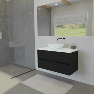 Maatwerk design wastafelmeubel, gemaakt van Zwart melamine of gespoten mdf met een blad van solid surface en 1 waskom van Solid Surface. Het front te openen d.m.v. Greeplijst midden