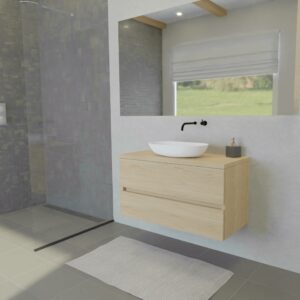 Maatwerk design wastafelmeubel, gemaakt van eiken hout fineer of eiken hout massief met een blad van eiken en 1 waskom van Solid Surface. Het front te openen d.m.v. Greeplijst midden