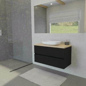 Maatwerk design badmeubel, gemaakt van Zwart melamine of gespoten mdf met een blad van eiken en 1 waskom van Solid Surface. Het front te openen d.m.v. Greeplijst midden