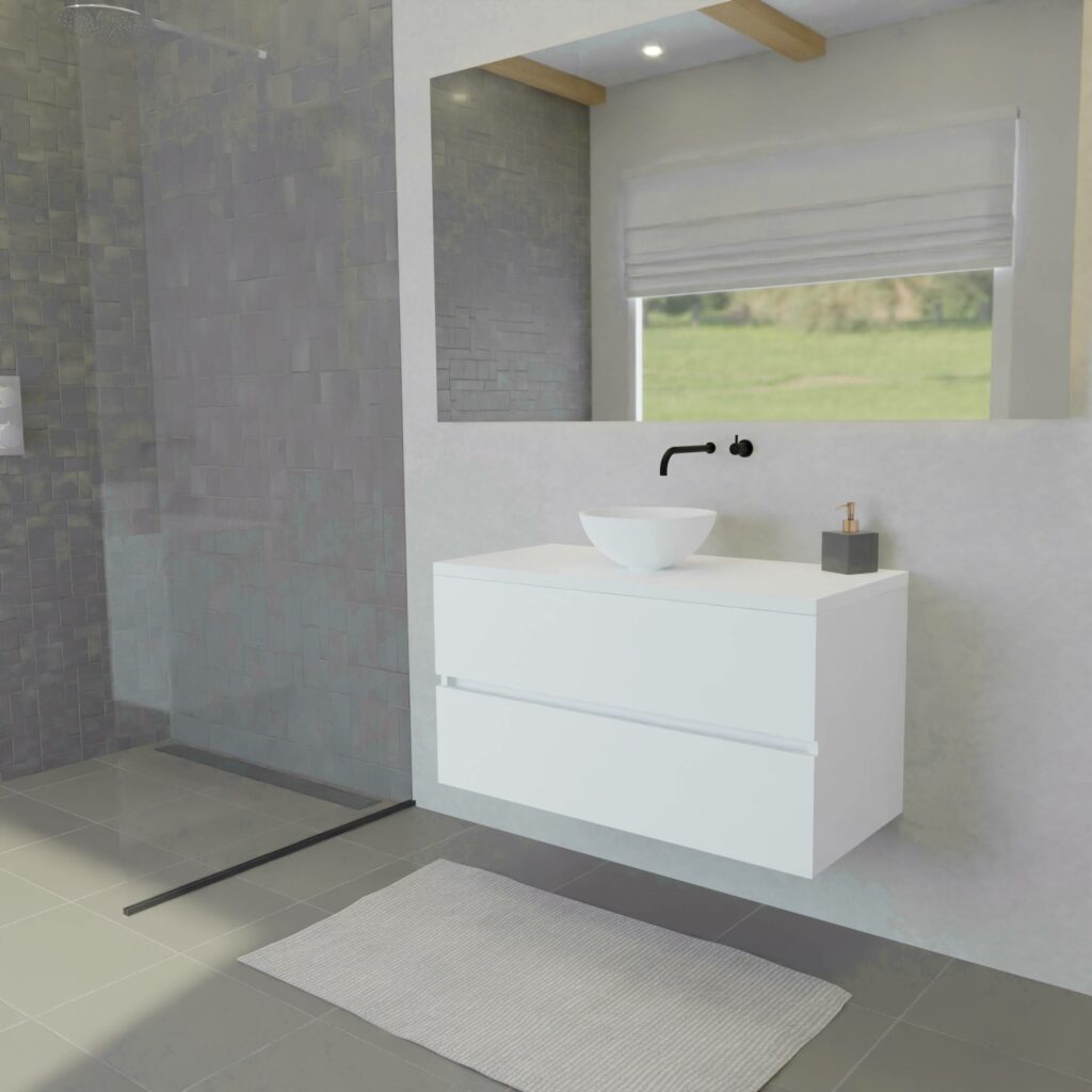 Maatwerk design badmeubel, gemaakt van Wit melamine of gespoten mdf met een blad van solid surface en 1 waskom van Solid Surface. Het front te openen d.m.v. Greeplijst midden