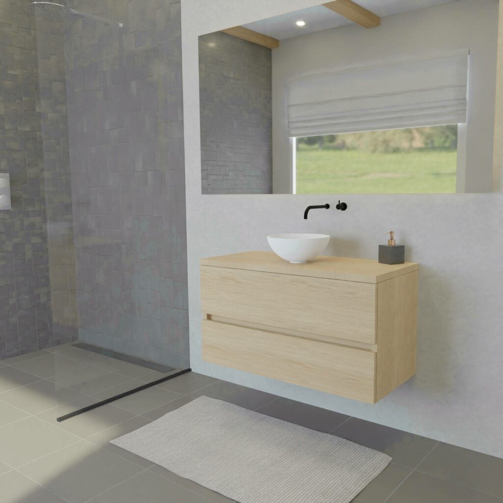 Maatwerk design badkamermeubel, gemaakt van eiken hout fineer of eiken hout massief met een blad van eiken en 1 waskom van Solid Surface. Het front te openen d.m.v. Greeplijst midden